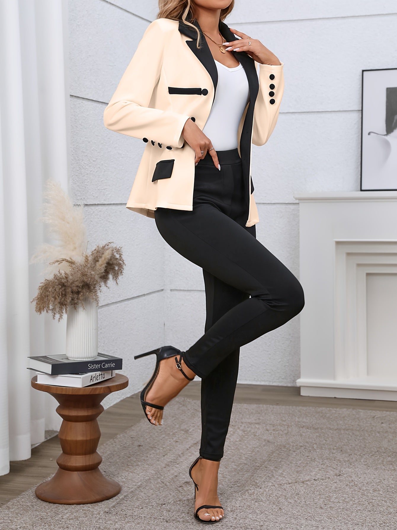 two-piece Color Block Blazer & Straight Leg Pant Set for Women, Casual Button-Front Blazer & Pants Outfit